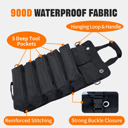 AASTT Portable Foldable Roll Up Tool Bag – 5 Compartments & 2 Detachable Pouches, Waterproof
