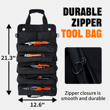 AASTT Portable Foldable Roll Up Tool Bag – 5 Compartments & 2 Detachable Pouches, Waterproof