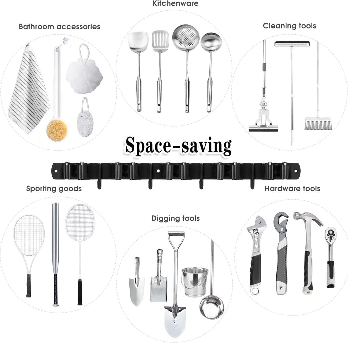 AceMining Black 5 Racks & 4 Hooks Mop Holder Wall Mount – Stainless Steel