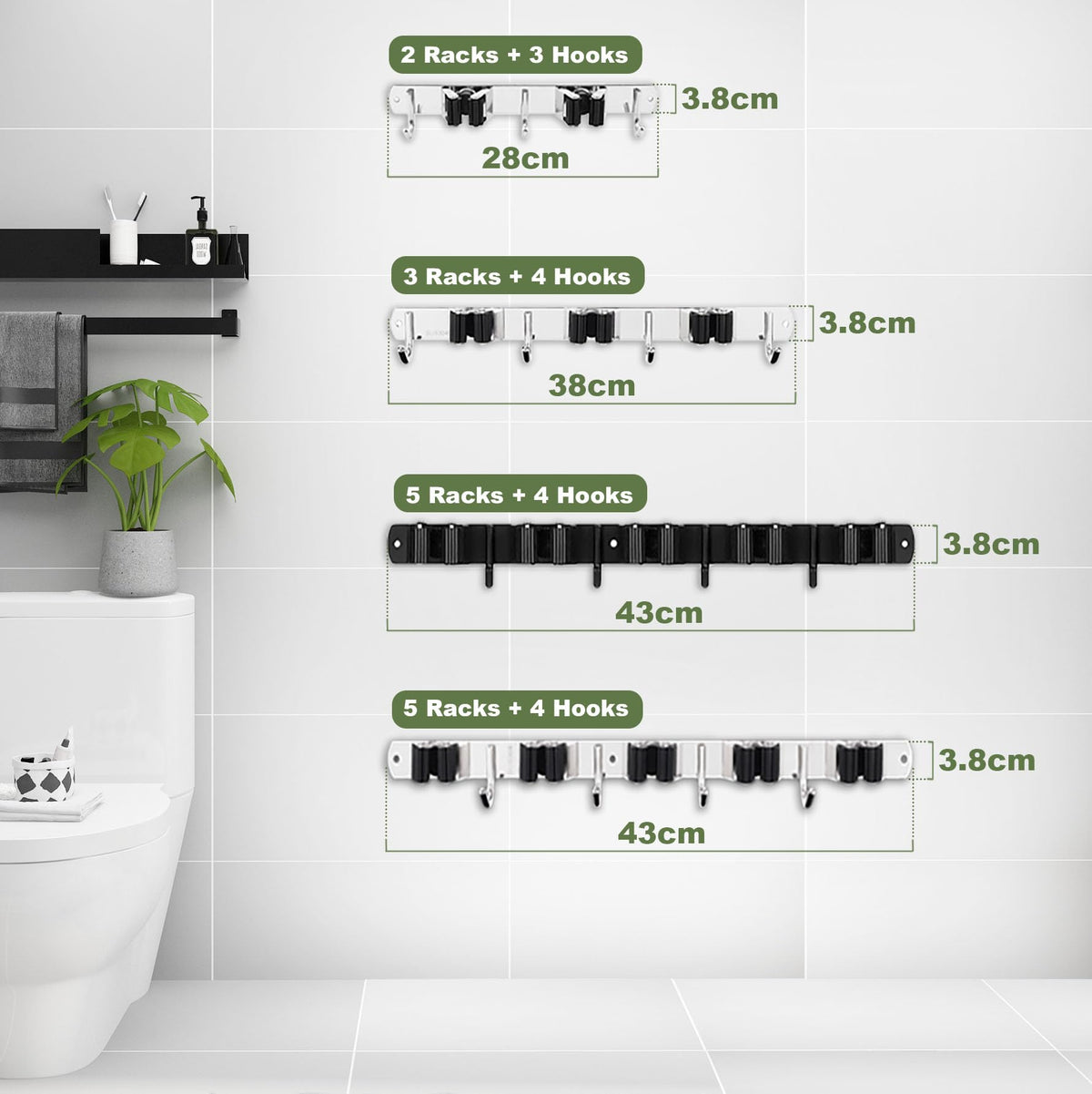 AceMining Black 5 Racks & 4 Hooks Mop Holder Wall Mount – Stainless Steel