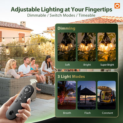 addlon 102FT Solar String Lights Outdoor with Remote – 52 LED Dimmable, Waterproof