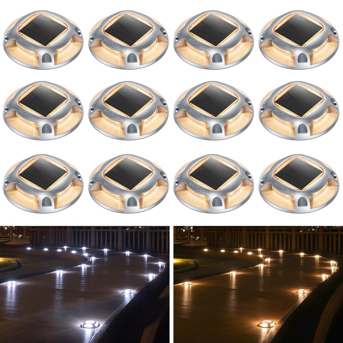 AGPTEK Solar Driveway Lights 12 Pack – 2 Color Modes, IP68 Waterproof, Easy Install