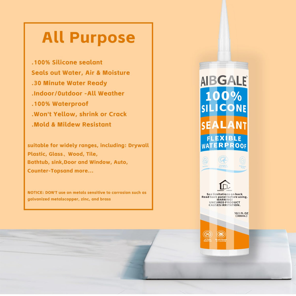 AIBGALE Silver Silicone Sealant – All-Purpose 100% Waterproof Caulk, 10.1 oz