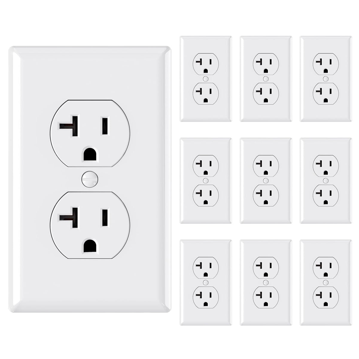 AIDA 20 Amp Duplex Outlet 125V – UL Listed, 3-Wire, Self-Grounding (10 Pack)