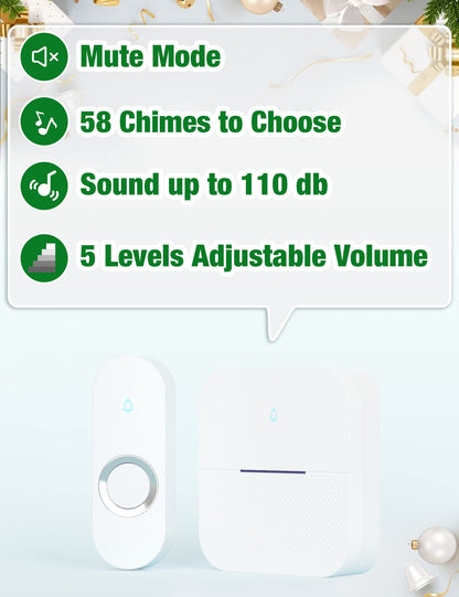 AIDA Lighted Wireless Doorbell — 1000ft Range, IP55 Button, 58 Chimes (White)