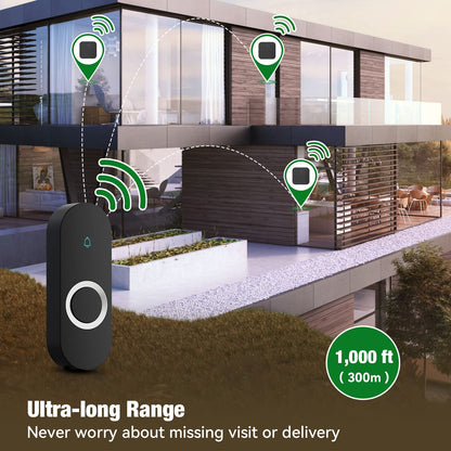 AIDA Lighted Wireless Doorbell – 1000ft Range, IP55 Button, 58 Chimes, 5 Volume Levels (2 Transmitters + Receiver)