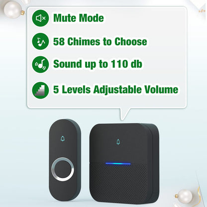 AIDA Lighted Wireless Doorbell – 1000ft Range, IP55 Button, 58 Chimes, 5 Volume Levels (2 Transmitters + Receiver)