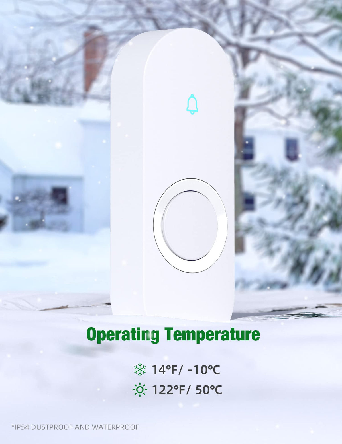 AIDA Lighted Wireless Doorbell — 1000ft Range, IP55 Button, 58 Chimes (White)