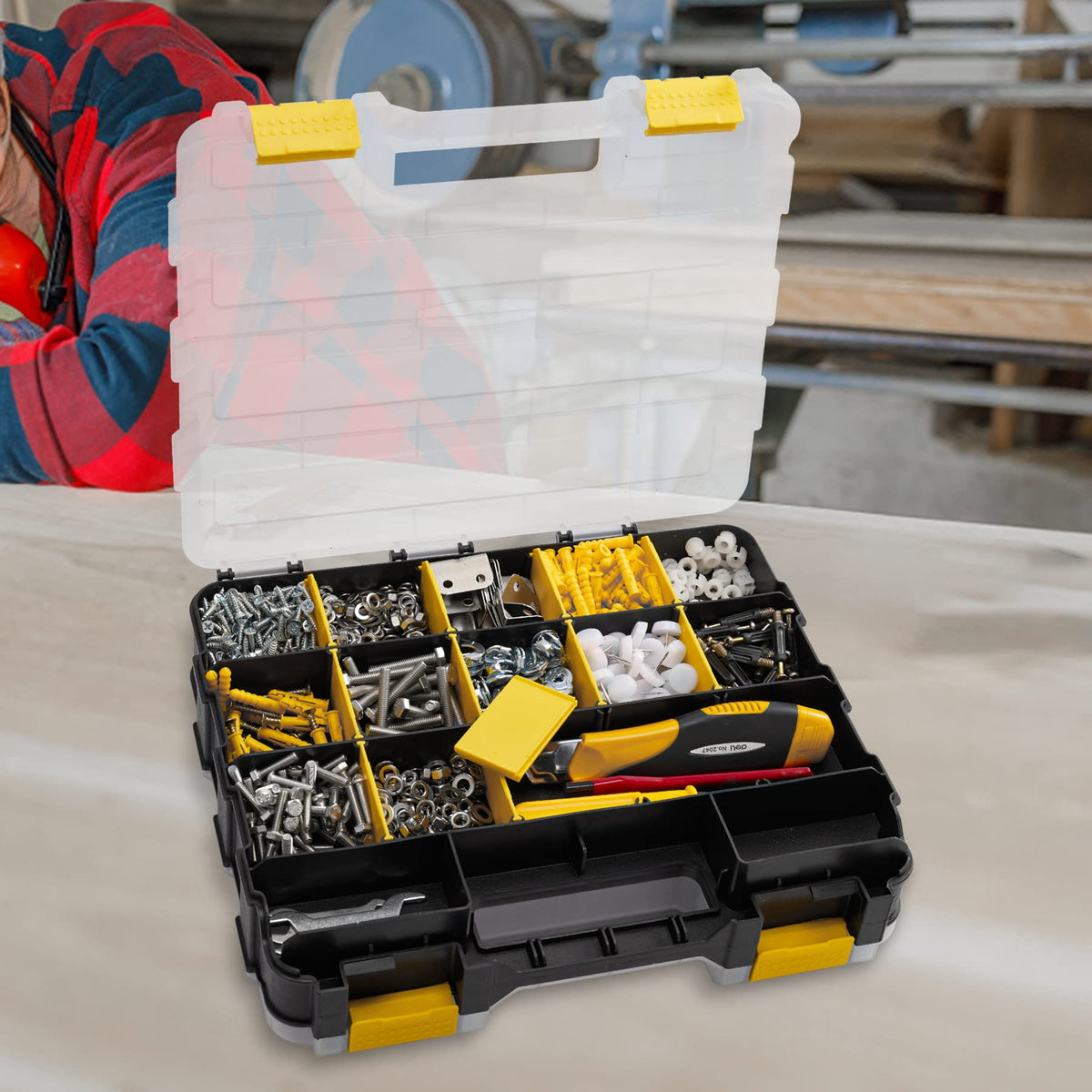 Aidy-Pro Hardware Organizer Box – 34-Compartment with Removable Dividers, Durable Yellow Tool Storage