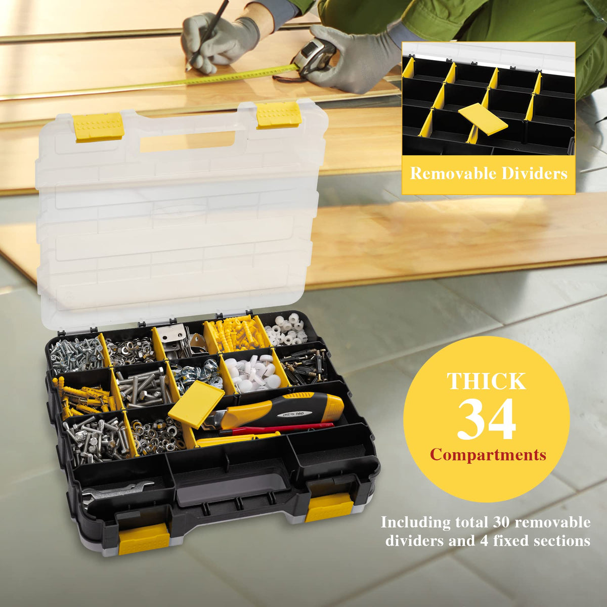 Aidy-Pro Hardware Organizer Box – 34-Compartment with Removable Dividers, Durable Yellow Tool Storage