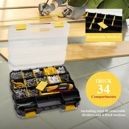 Aidy-Pro Hardware Organizer Box – 34-Compartment with Removable Dividers, Durable Yellow Tool Storage