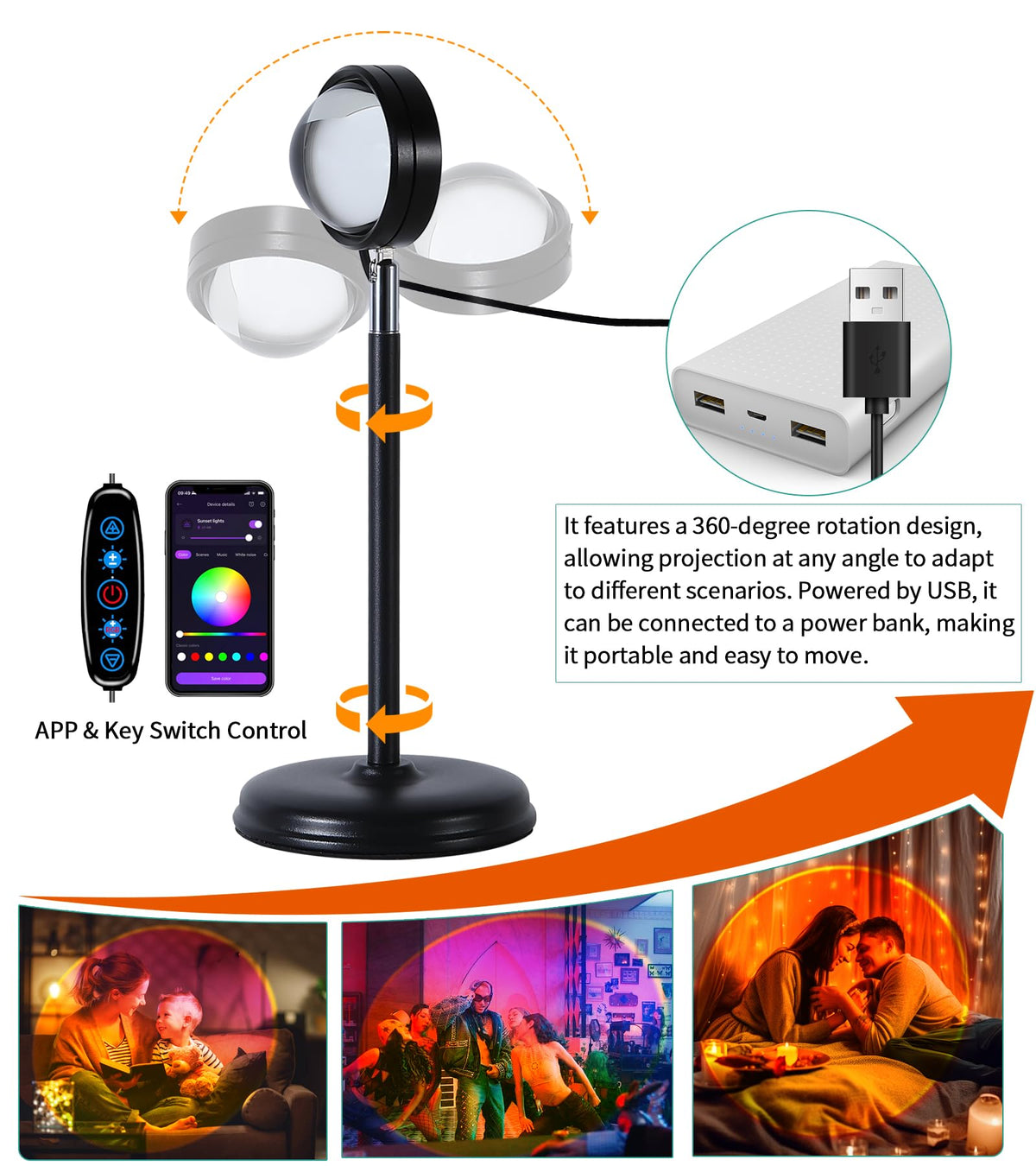 AIHYING Sunset Lamp Projector – 360° Rotatable, App-Controlled Multicolor Rainbow LED