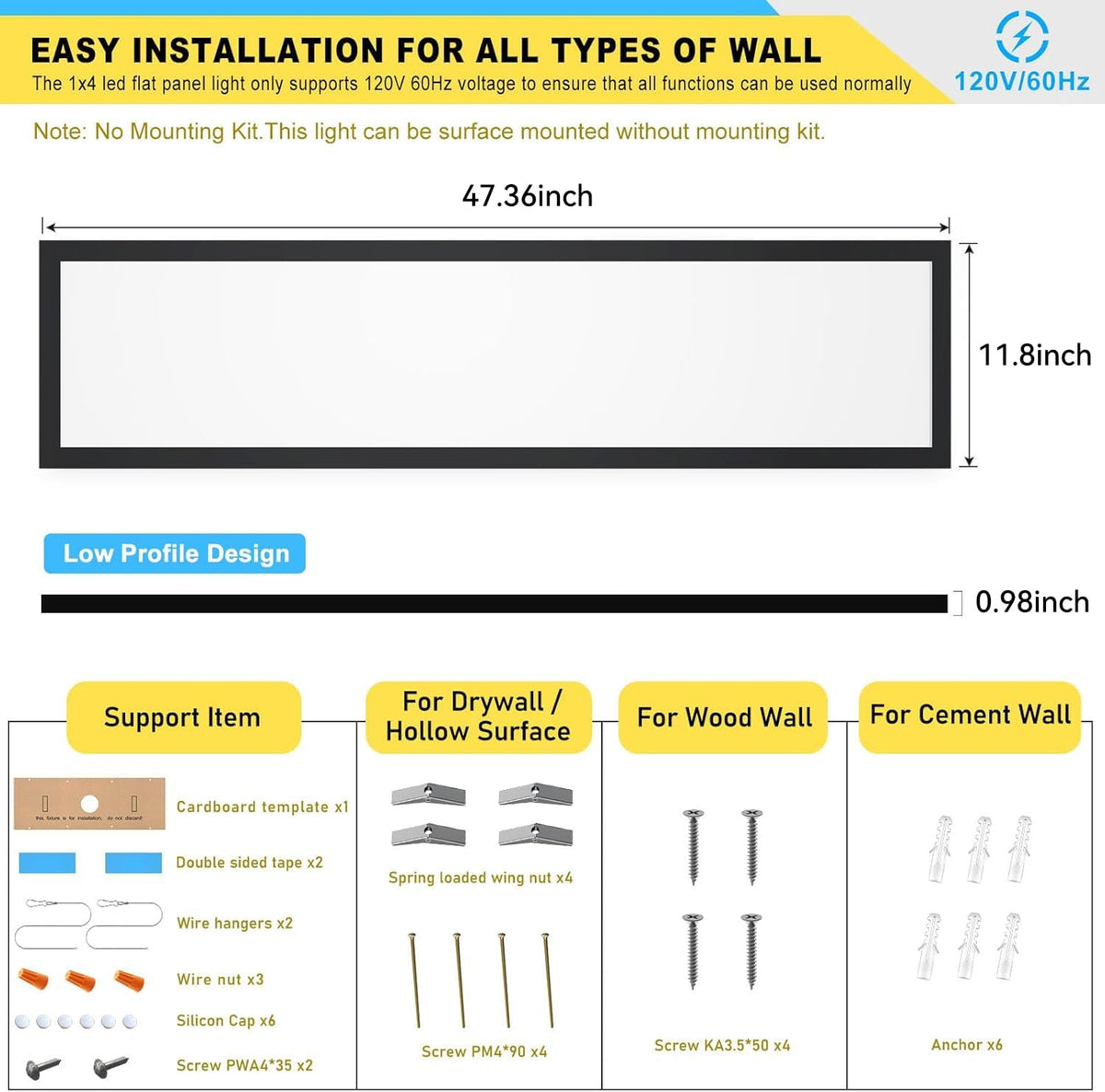 AIKVSXER 2PACK 1x4 LED Flat Panel Light – 50W, 5500LM, 3000/4000/5000K, Dimmable, 120V