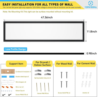 AIKVSXER 2PACK 1x4 LED Flat Panel Light – 50W, 5500LM, 3000/4000/5000K, Dimmable, 120V
