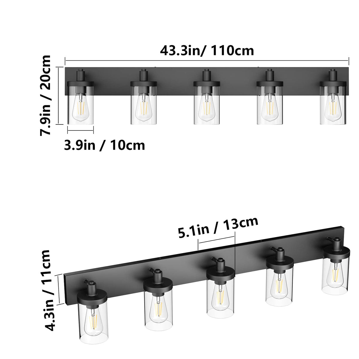 Aipsun Matte Black Vanity Light — 5 Lights Over Mirror (Industrial)