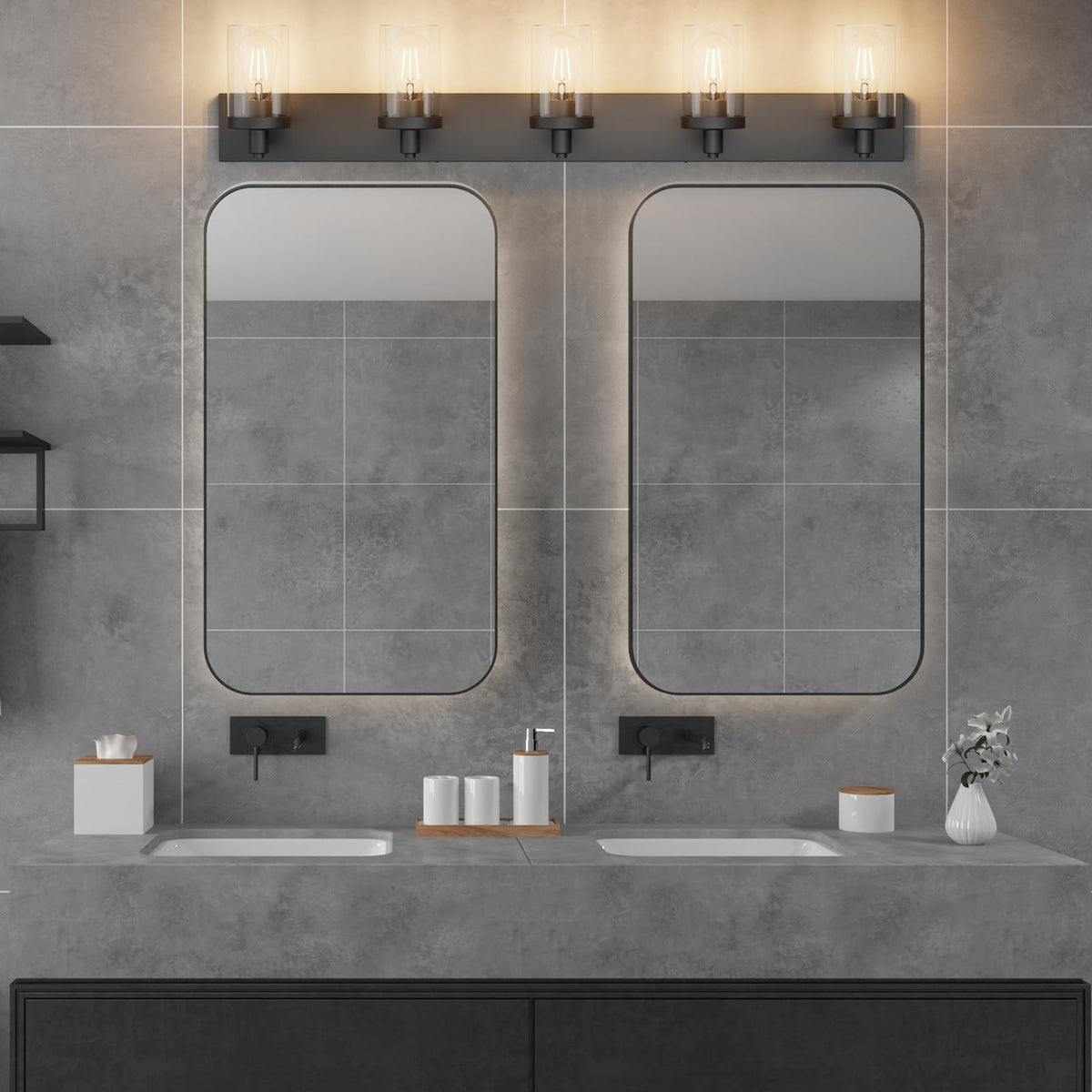 Aipsun Matte Black Vanity Light — 5 Lights Over Mirror (Industrial)