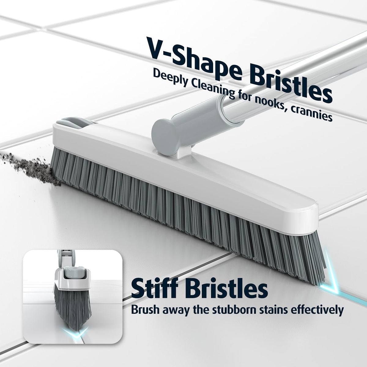 AIR U+ Grout Brush with Long Handle – 180° Swivel, V-Shape Scrub for Grout Lines