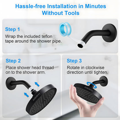 AISINYI 6-Inch High Pressure Rainfall Shower Head - Matte Black, Adjustable, Easy Install