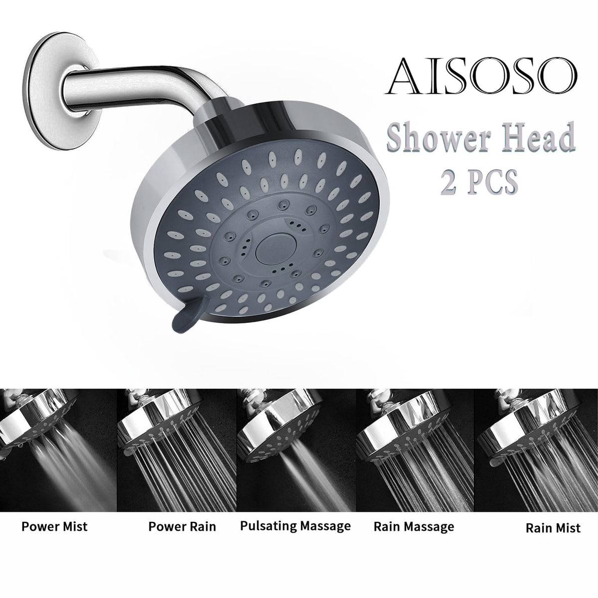 AISOSO Shower Head 2-Pack – 5 Modes, High-Pressure, 4.1-Inch Chrome