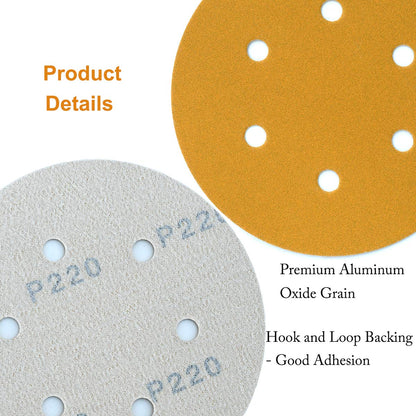 Aiyard 6-Inch 6-Hole Sanding Discs 220 Grit – 100-Pack, Velcro Back, Random Orbit Compatibility