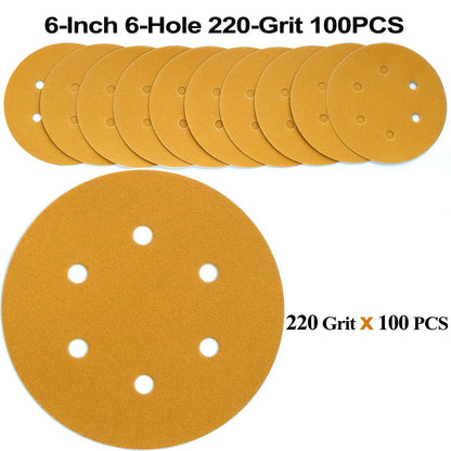 Aiyard 6-Inch 6-Hole Sanding Discs 220 Grit – 100-Pack, Velcro Back, Random Orbit Compatibility