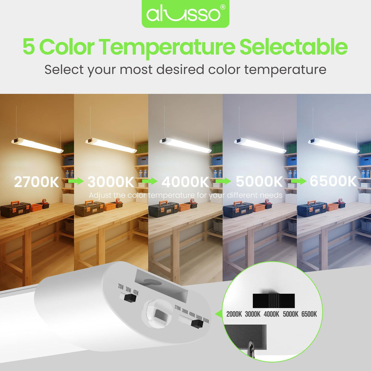 ALUSSO LED Shop Lights 4FT – 4800LM, 5 Color Temps, Linkable, ETL, 4-Pack