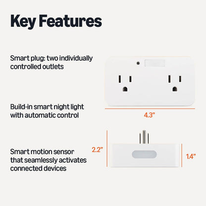 Amazon Basics Dual Smart Plug with Motion Sensor & Night Light — Alexa-Only, No Hub Required