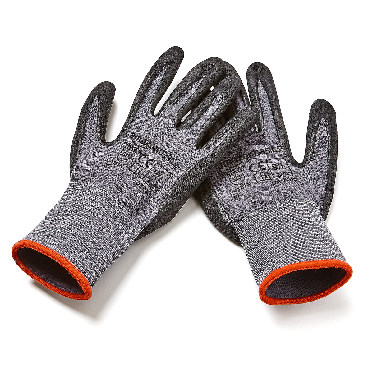Amazon Basics Micro-Foam Nitrile Coated Work Gloves | Size Large (9) | 6-Pack