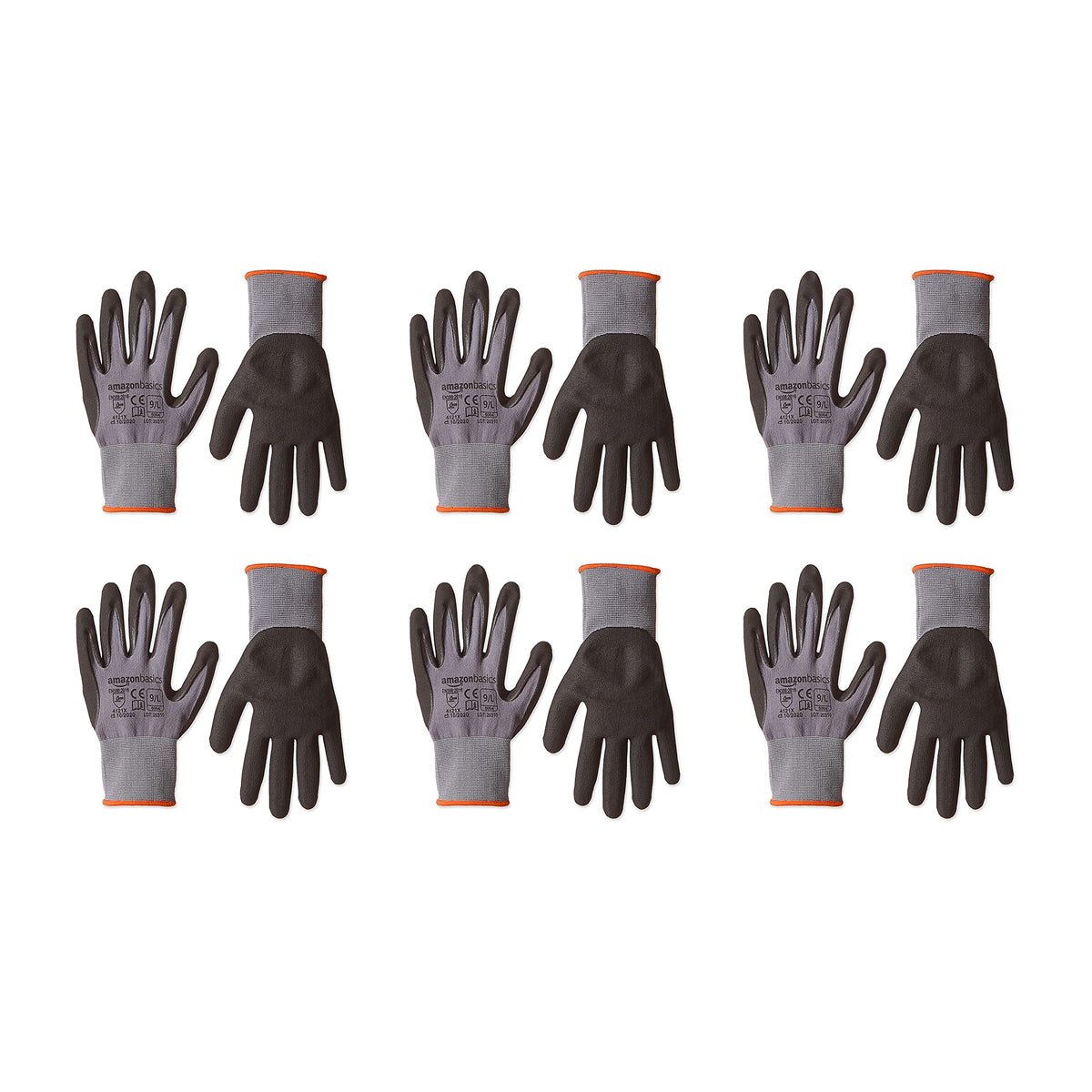 Amazon Basics Micro-Foam Nitrile Coated Work Gloves | Size Large (9) | 6-Pack