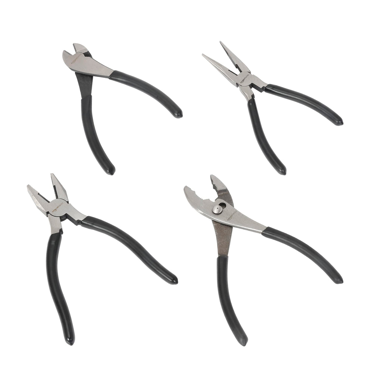 Amazon Basics Pliers Set – 4-Piece Precision Hand Tools (Needle Nose, Slip Joint, Lineman, Diagonal)
