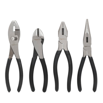 Amazon Basics Pliers Set – 4-Piece Precision Hand Tools (Needle Nose, Slip Joint, Lineman, Diagonal)