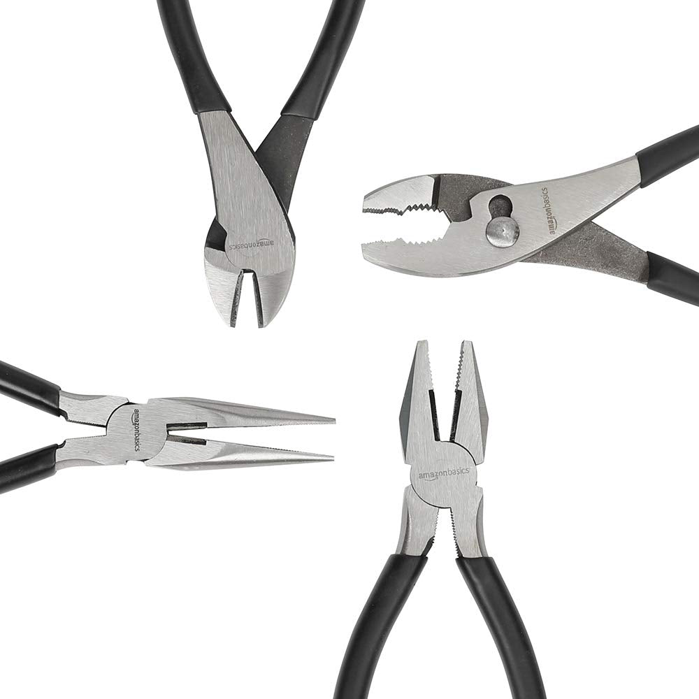 Amazon Basics Pliers Set – 4-Piece Precision Hand Tools (Needle Nose, Slip Joint, Lineman, Diagonal)