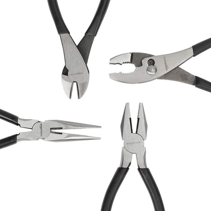 Amazon Basics Pliers Set – 4-Piece Precision Hand Tools (Needle Nose, Slip Joint, Lineman, Diagonal)