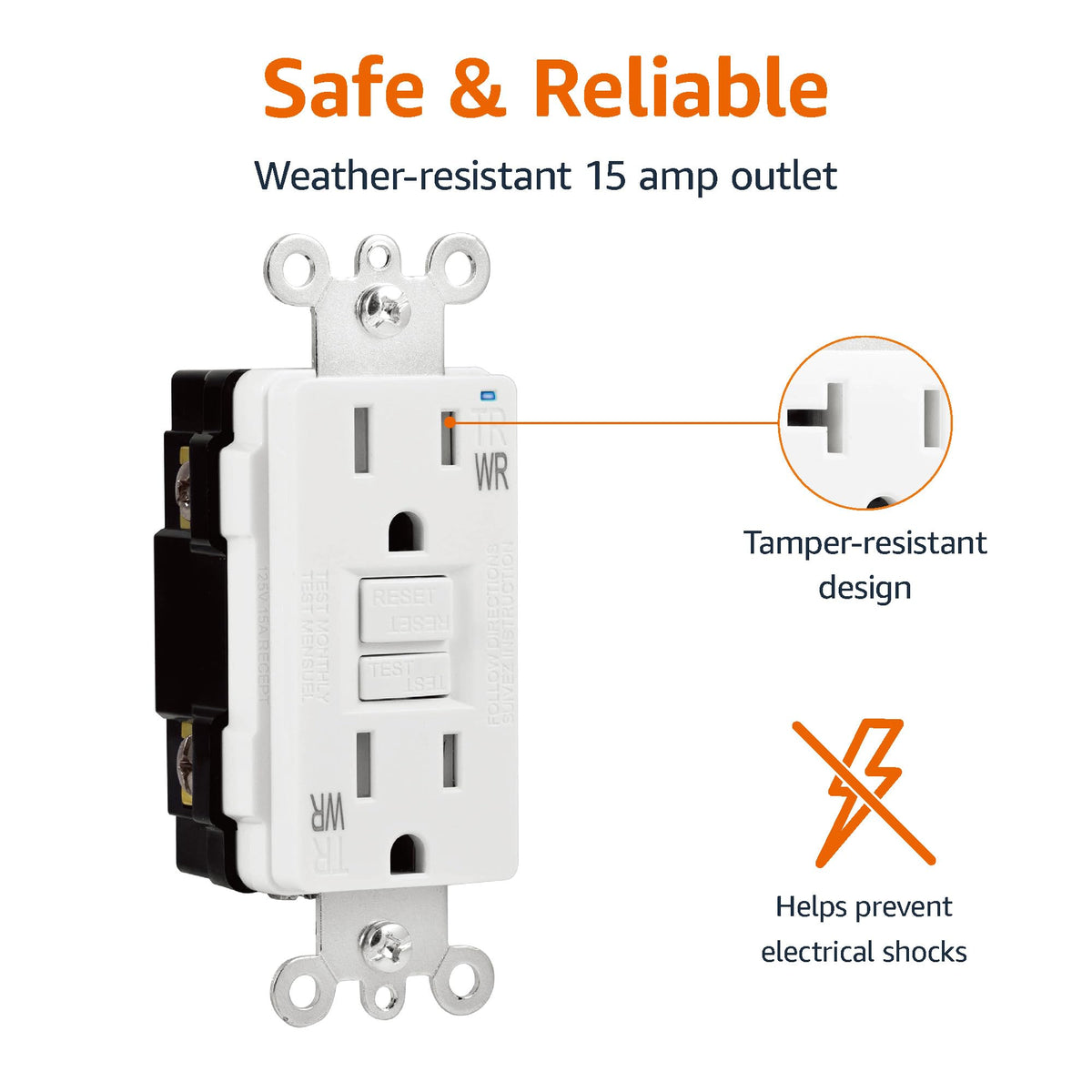 Amazon Basics Weather-Resistant GFCI Receptacle with LED Indicator — Self-Test, 15 Amp