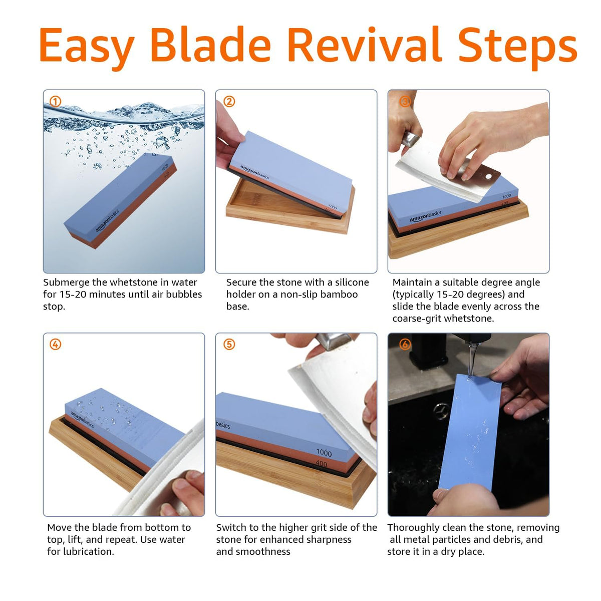 Amazon Basics Dual-Sided Whetstone Knife Sharpening Stone 400/1000 Grit – Angle Guide & Non-Slip Bamboo Base