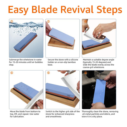 Amazon Basics Dual-Sided Whetstone Knife Sharpening Stone 400/1000 Grit – Angle Guide & Non-Slip Bamboo Base