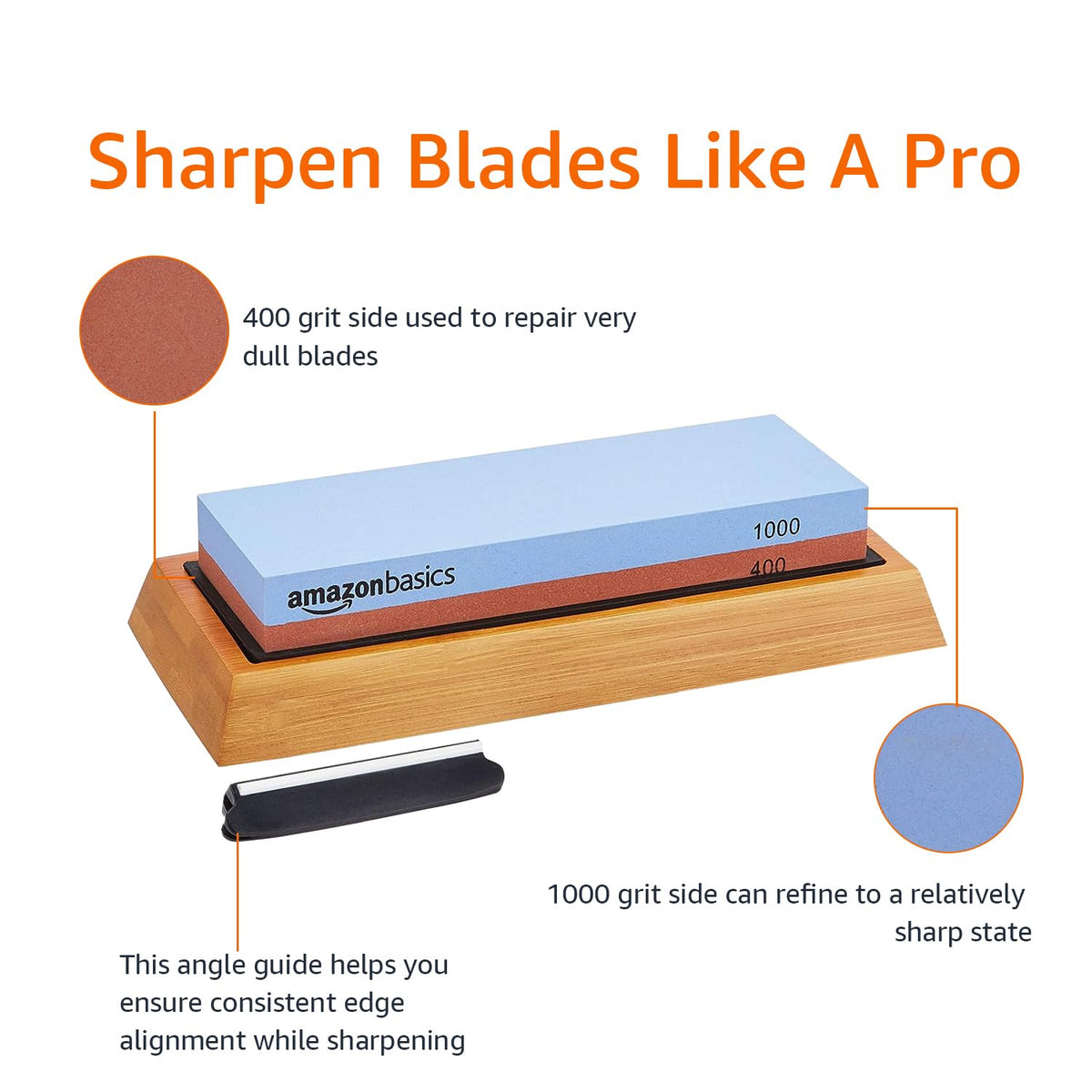 Amazon Basics Dual-Sided Whetstone Knife Sharpening Stone 400/1000 Grit – Angle Guide & Non-Slip Bamboo Base