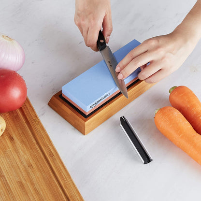 Amazon Basics Dual-Sided Whetstone Knife Sharpening Stone 400/1000 Grit – Angle Guide & Non-Slip Bamboo Base