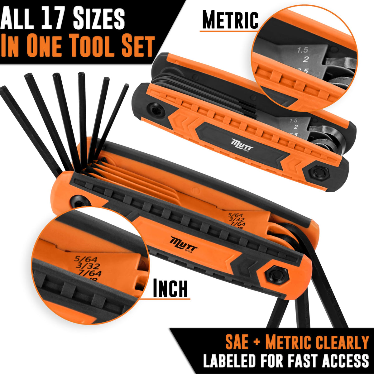 American Mutt Tools Mutt Tools 17pc Folding Allen Key Set — SAE & Metric Hex Wrenches