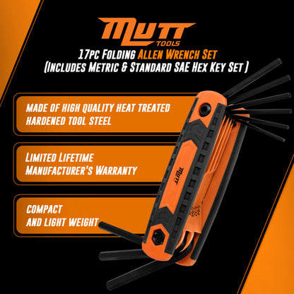 American Mutt Tools Mutt Tools 17pc Folding Allen Key Set — SAE & Metric Hex Wrenches