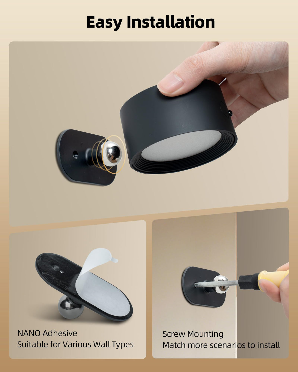 AMETHEUS LED Wall Lights (2-Pack) – Rechargeable Cordless Sconces with Remote, 3 Color Temps, 360° Rotation