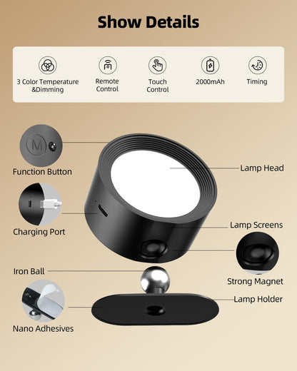 AMETHEUS LED Wall Lights (2-Pack) – Rechargeable Cordless Sconces with Remote, 3 Color Temps, 360° Rotation