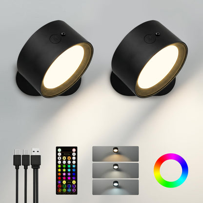AMETHEUS Wall Mounted Lights 2-Pack - Rechargeable RGB LED with Remote & Touch, 360° Rotation
