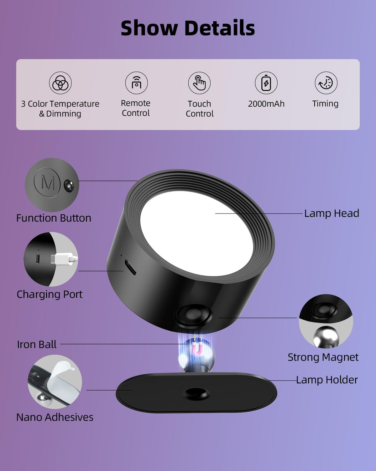 AMETHEUS Wall Mounted Lights 2-Pack - Rechargeable RGB LED with Remote & Touch, 360° Rotation