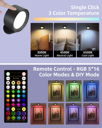 AMETHEUS Wall Mounted Lights 2-Pack - Rechargeable RGB LED with Remote & Touch, 360° Rotation