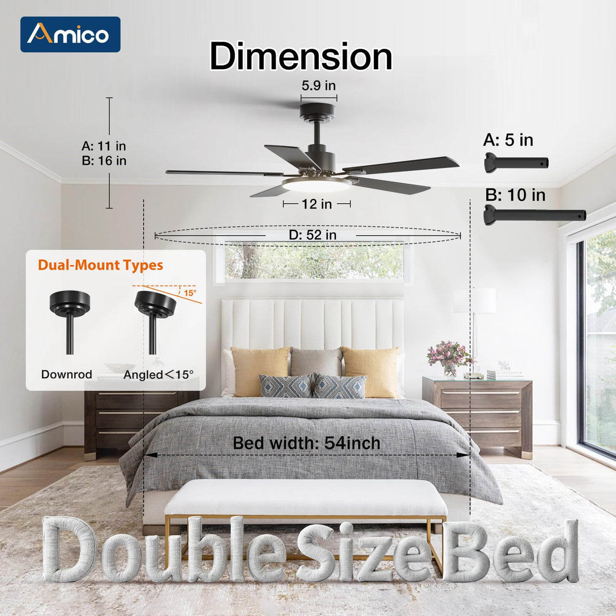 Amico 52-Inch Smart Ceiling Fan with Lights – DC Motor, Alexa, Remote, App, 3CCT, Dimmable, Black
