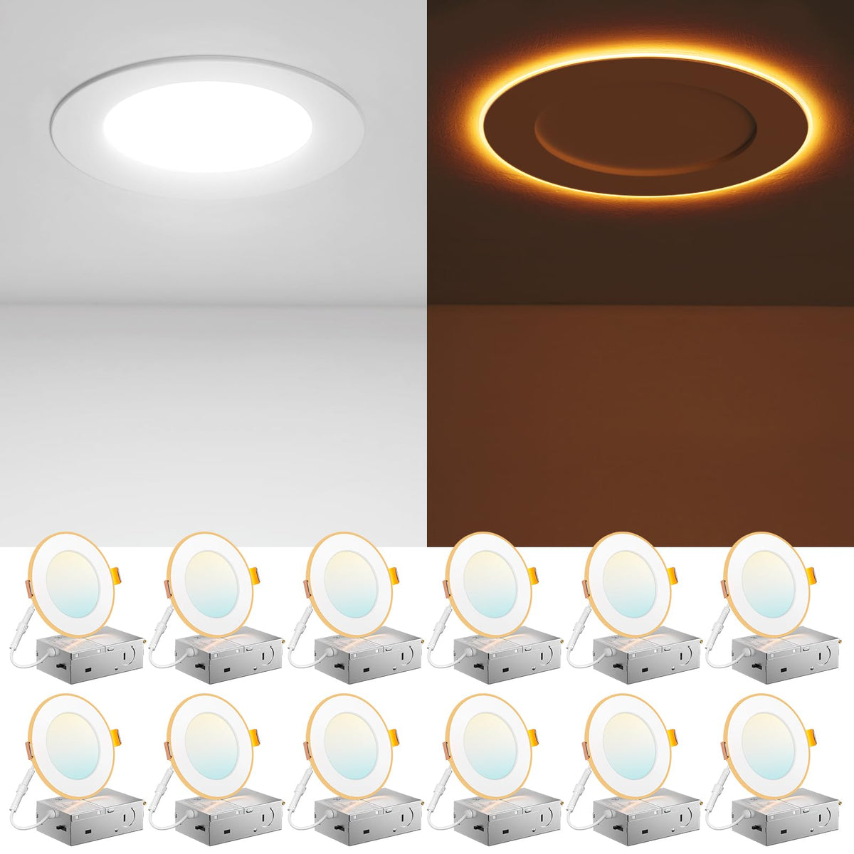 Amico 12-Pack 4-In LED Recessed Downlights with Night Light | 5 CCTs, Dimmable, 700 lm, 10W (90W Equivalent), Canless Wafer - ETL/FCC