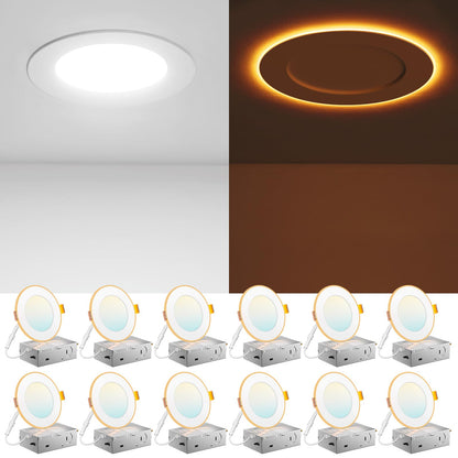 Amico 12-Pack 4-In LED Recessed Downlights with Night Light | 5 CCTs, Dimmable, 700 lm, 10W (90W Equivalent), Canless Wafer - ETL/FCC