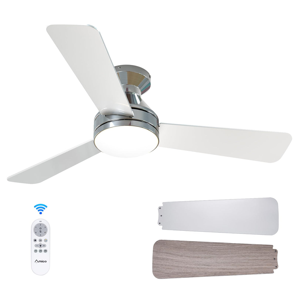 Amico 42in Low-Profile Ceiling Fan with Light & Remote – Quiet, Dimmable, 3CCT