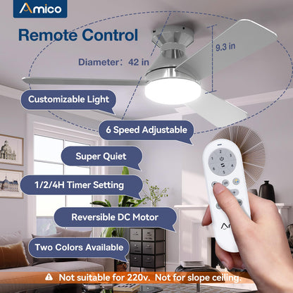 Amico 42in Low-Profile Ceiling Fan with Light & Remote – Quiet, Dimmable, 3CCT